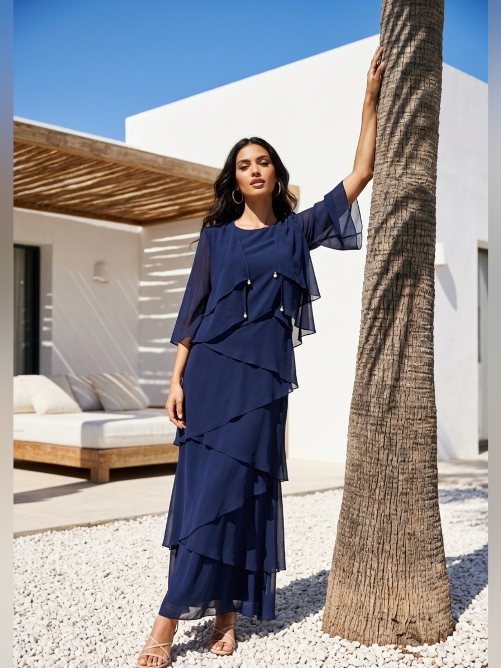 Frascara Elephant Trunk Tea Length Gown Wover Navy With Jacket Dress Sz 12 $735
